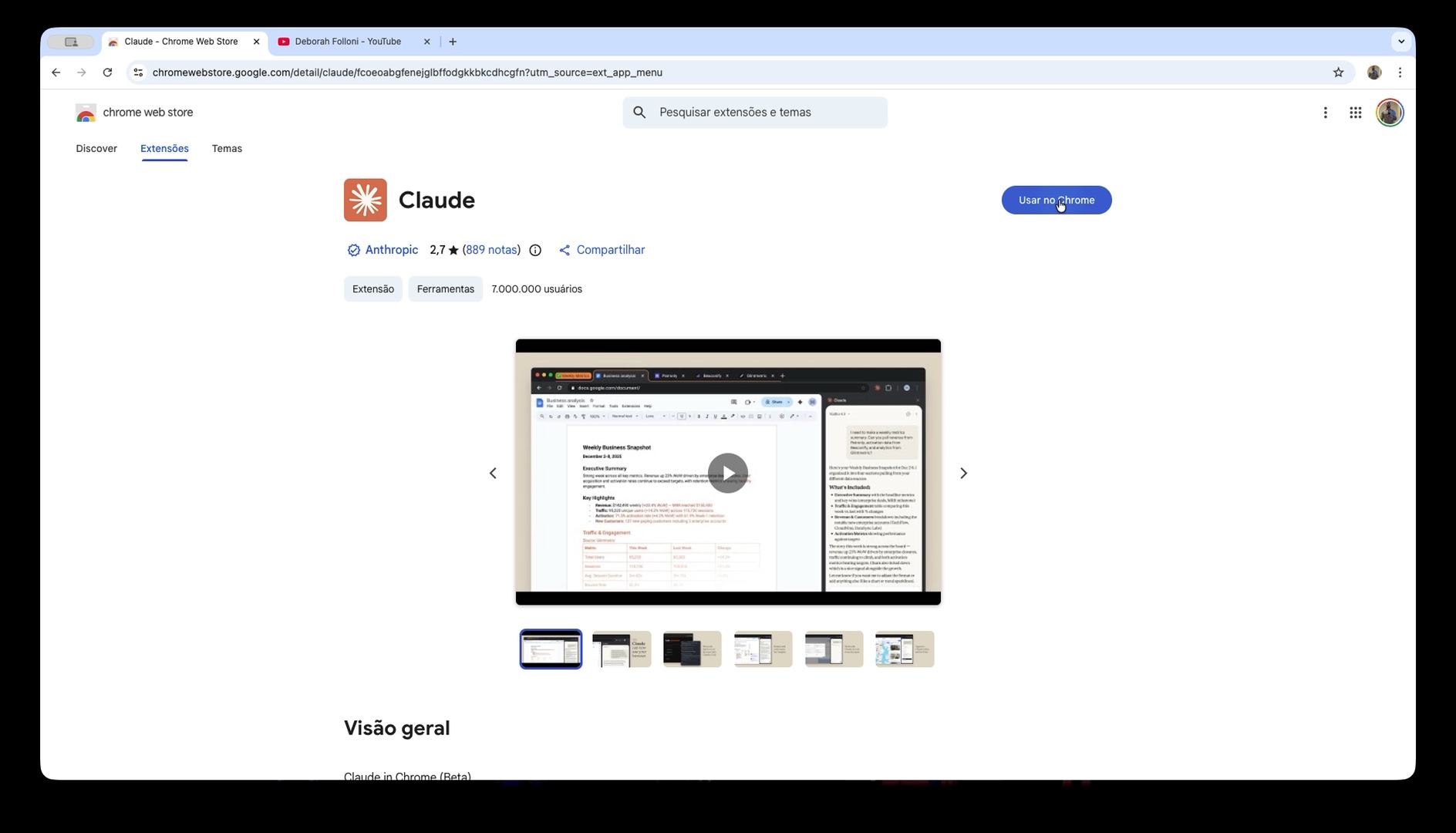 Página da extensão Claude na Chrome Web Store com o botão Usar no Chrome em destaque.