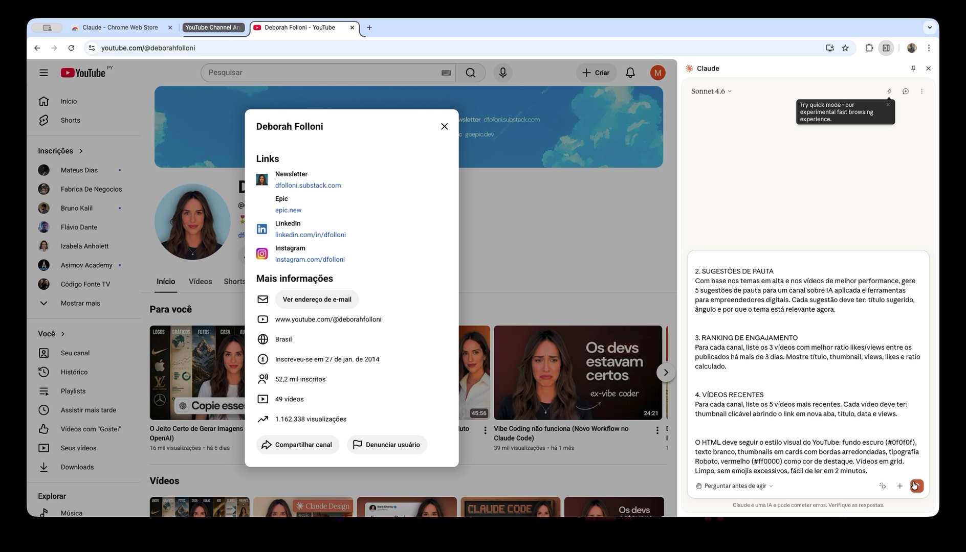 Prompt colado no painel do Claude com instruções para analisar canais do YouTube.