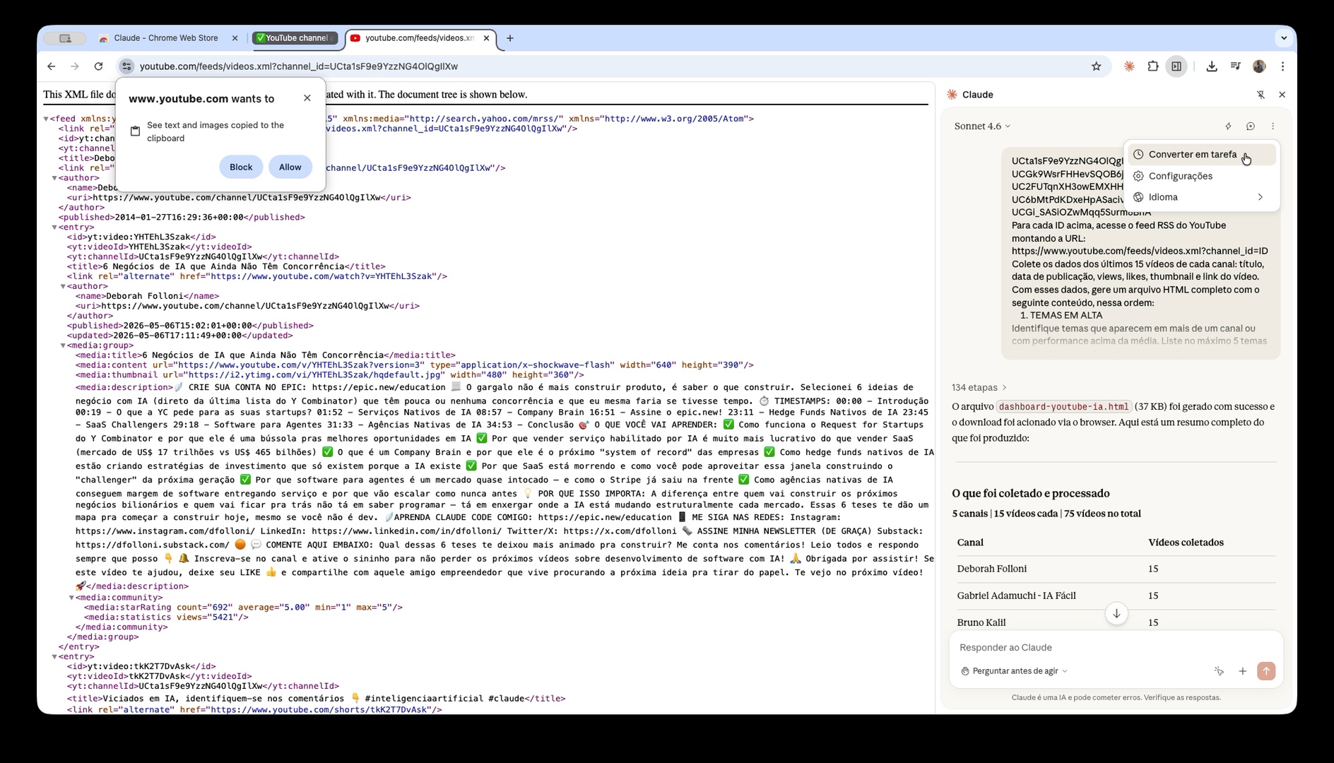 Menu do Claude aberto com a opção Converter em tarefa.