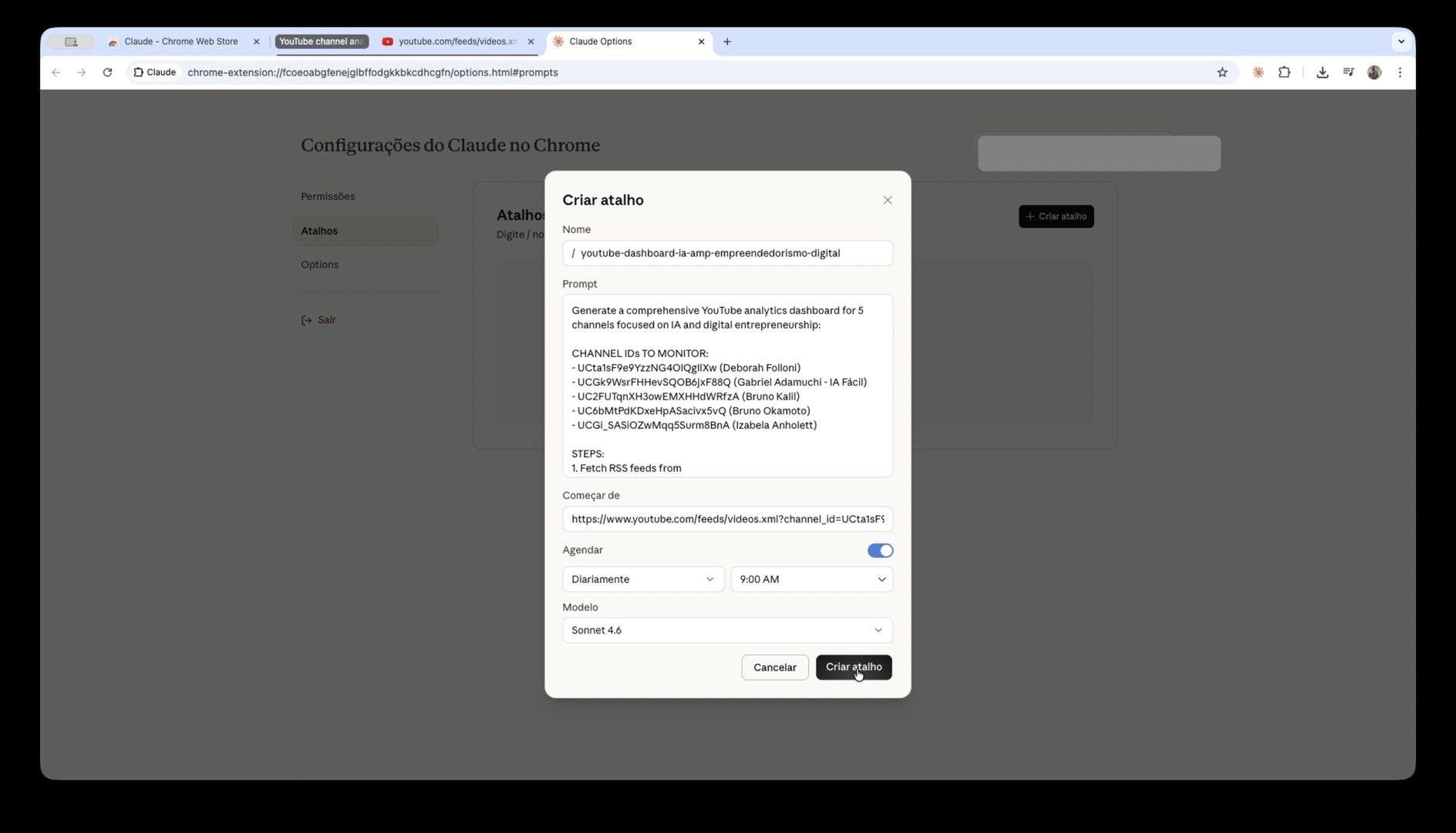 Modal de criação de atalho do Claude com agendamento diário configurado.